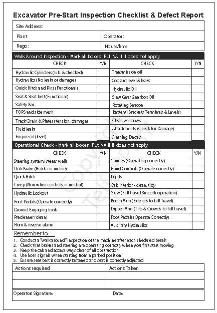 Excavator Pre Start Checklist A5