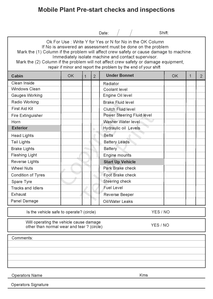 Mobile Plant Pre-Start Checklist A4