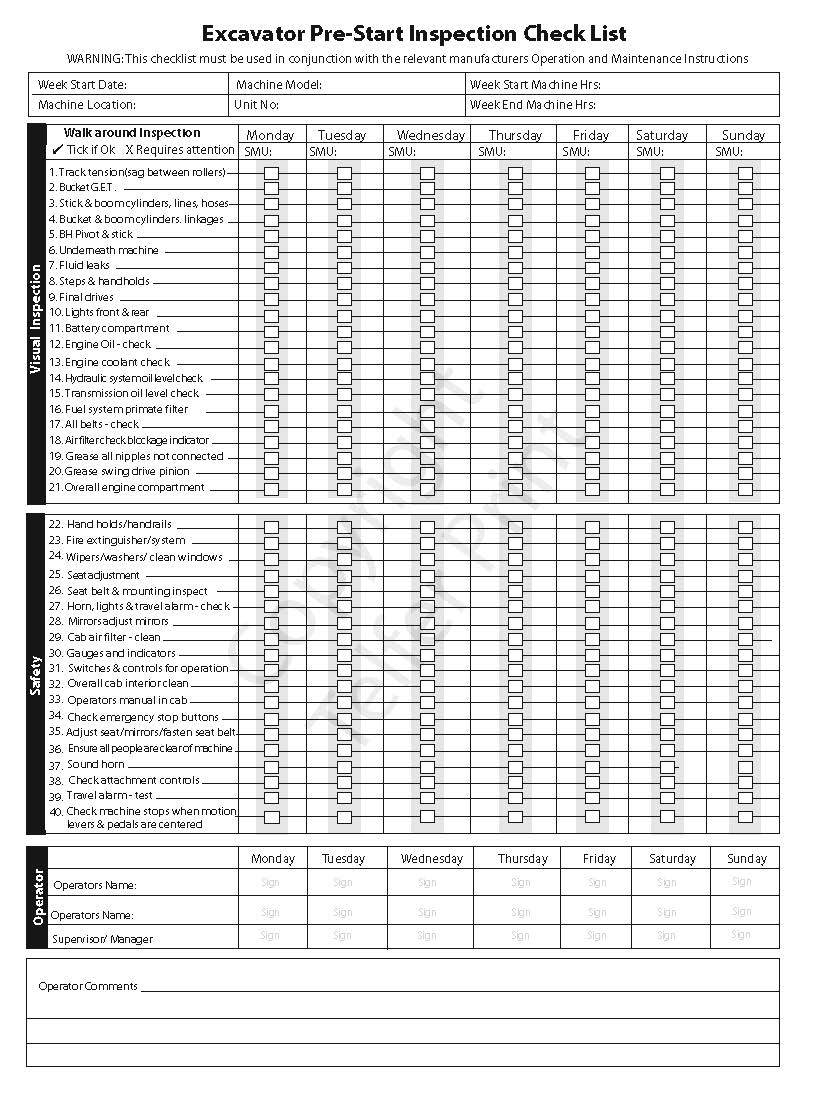 Excavator Pre Start Inspection Check List