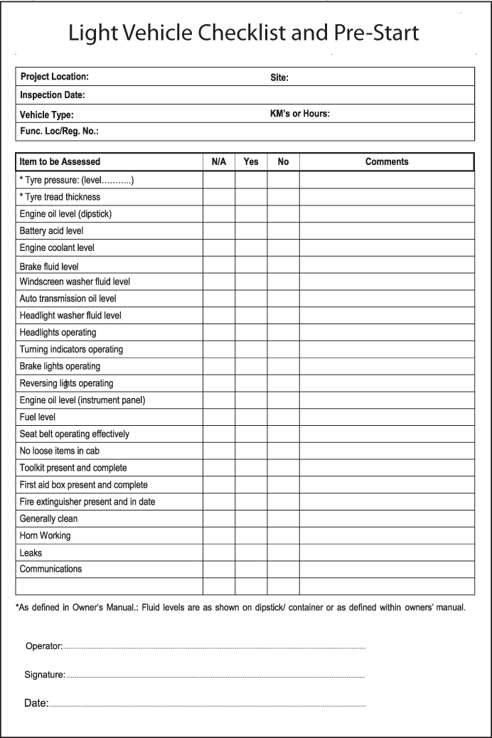 Light Vehicle Pre-Start Checklist Book A5 (A week to a page Pre-printed)