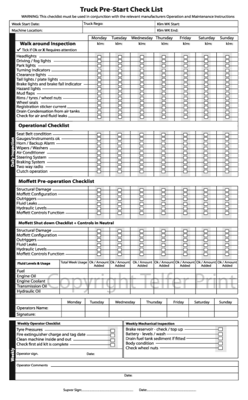 Truck Prestart Checklist Book A4 (Pre-printed)