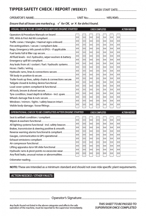 Skid-Steer Pre-Start Checklist Book A5 (Pre-printed)